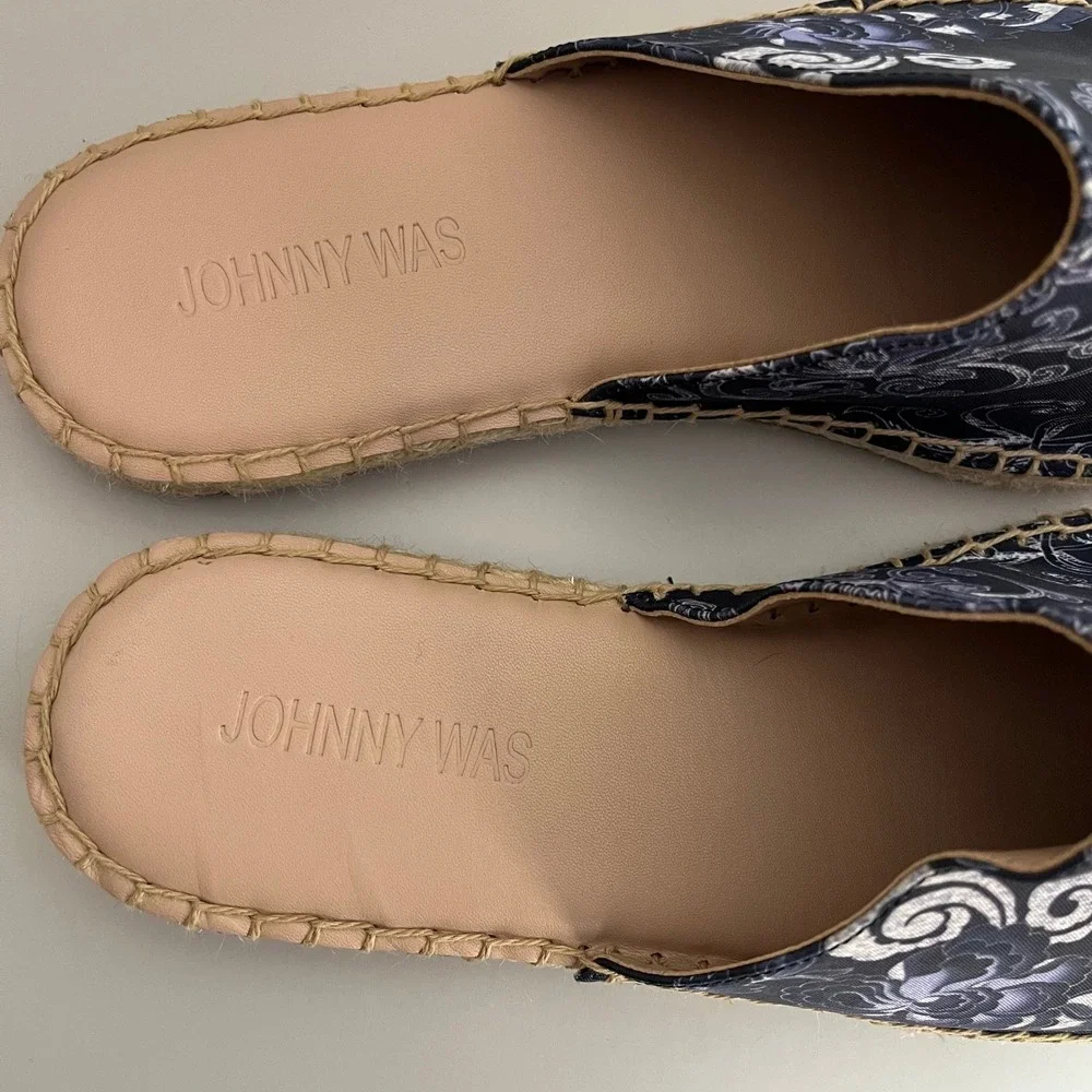 Johnny Was Olivia Mule Espadrille Women 9.5 Navy Blue Floral Scroll Print